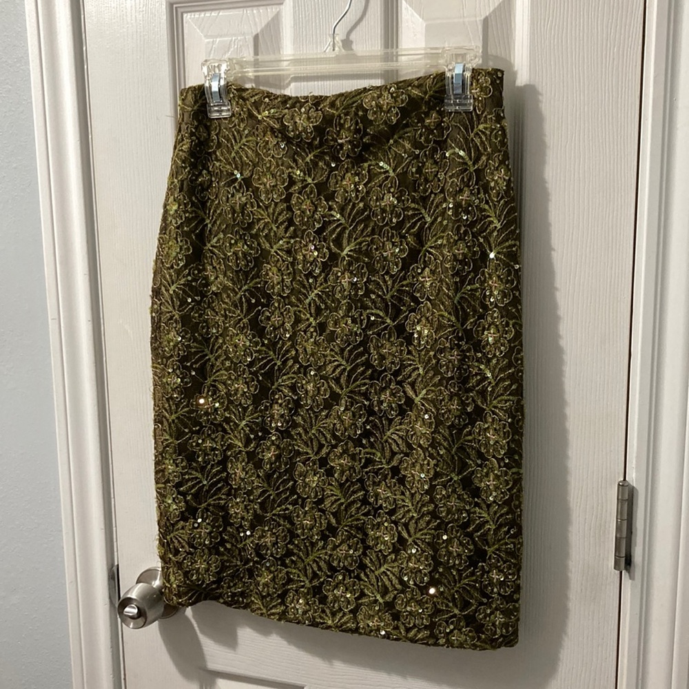 Kay Unger Brown & Green Beaded Floral Leaf Skirt